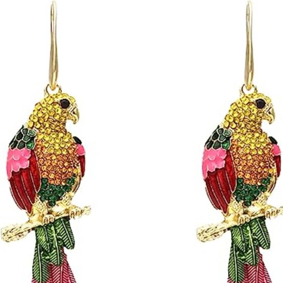 Colorful Parrot Multicolor Pave Rhinestone Bohemian Wire Earrings Statement New - Picture 3 of 5